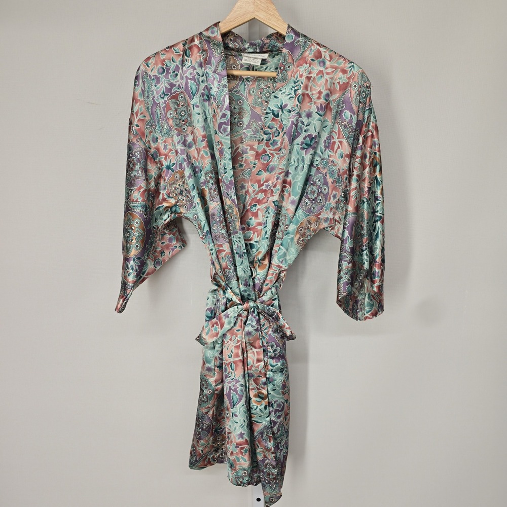 Inner Most Vintage Floral Paisley Satin Robe Small Multicolor Kimono Style 57851